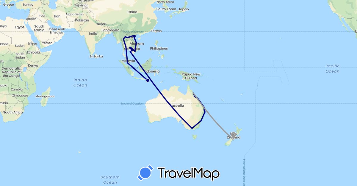TravelMap itinerary: driving, plane in Australia, Indonesia, Cambodia, Laos, Malaysia, New Zealand, Singapore, Thailand, Vietnam (Asia, Oceania)